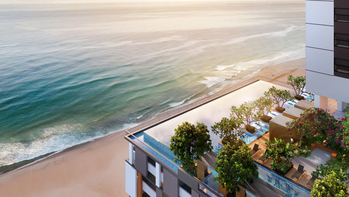 Clarissa infinity pool and direct beachfront setting at Pantai Cenang, Langkawi